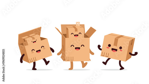 Three adorable cardboard box characters play together as one small box pops out of a larger one in a moving day theme.