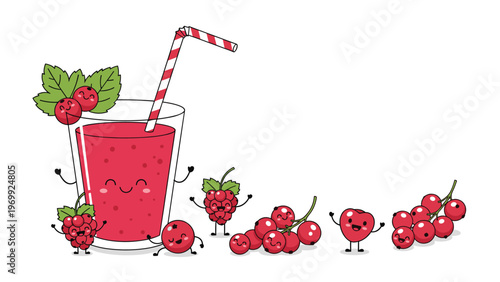 Refreshing red berry smoothie glass character is surrounded by various happy berry friends on a clean white background.