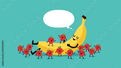 Relaxed banana character lies down while many tiny strawberry characters dance on it under a blank thought bubble.