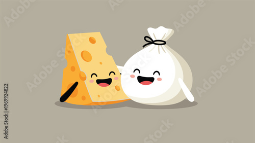 Happy wedge of Swiss cheese and a cute white dumpling character share a joyful moment with big smiles for a snack.