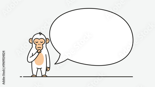 Thoughtful white monkey character stands with a hand on its chin next to a large blank speech bubble for messages.