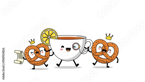 Sophisticated tea cup with a monocle and lemon slice is flanked by two royal pretzel characters wearing crowns.