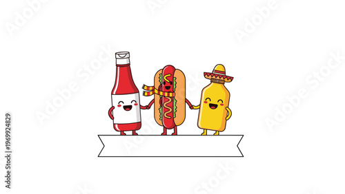 Classic hot dog character wearing a scarf is flanked by happy ketchup and mustard bottle characters on a banner.