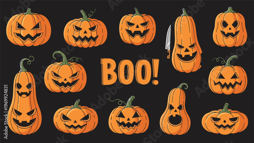 Large collection of scary and funny jack-o-lantern faces carved into pumpkins are arranged around a big BOO text.
