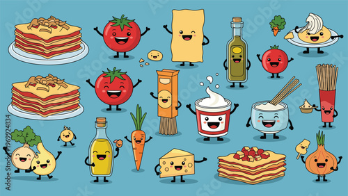 Extensive collection of cute lasagna ingredients and kitchen staples like tomatoes oil and vegetables celebrate.