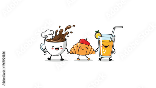 Cheerful breakfast team including a coffee cup with a chef hat a cute croissant and a glass of orange juice.