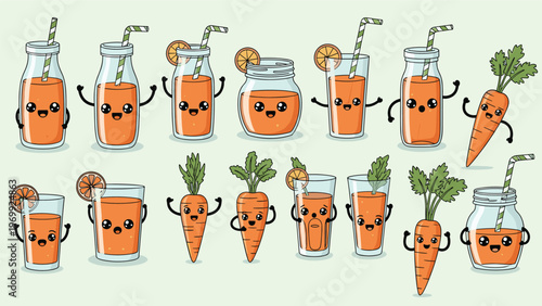 Big collection of adorable carrot juice bottles glasses and happy carrot characters show various cute expressions.