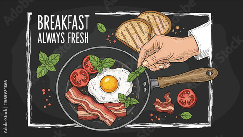 Artistic top view of a hand adding fresh basil to a pan of fried eggs bacon and tomatoes for a healthy breakfast.