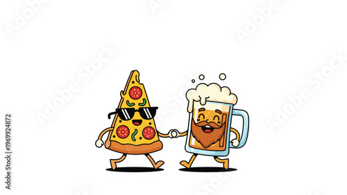 Fun food pairing illustration with a cool pizza slice wearing sunglasses holding hands with a happy bearded beer mug character walking.