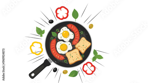 Delicious breakfast skillet illustration from a top down view showing fried eggs and sausages with vegetables for a healthy morning meal.