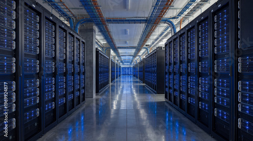 Empty data center corridor with rows of server racks
