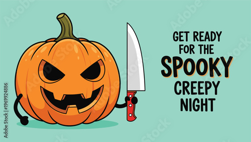 Spooky Halloween illustration of a fierce jack o lantern pumpkin character holding a large sharp knife for a creepy holiday night theme.