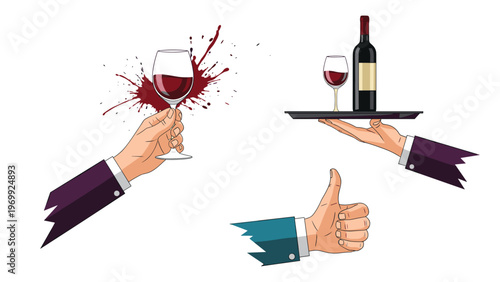 Elegant illustration of human hands holding red wine glasses and serving a bottle on a tray to represent luxury dining and celebrations.