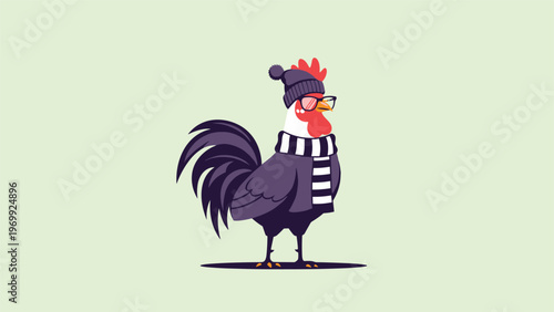 Quirky character design of a stylish rooster wearing a warm purple beanie with matching scarf and glasses on a pastel green background.