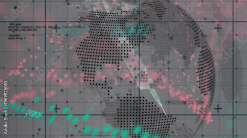Animation of graphs, globe, dna and data processing on grey background