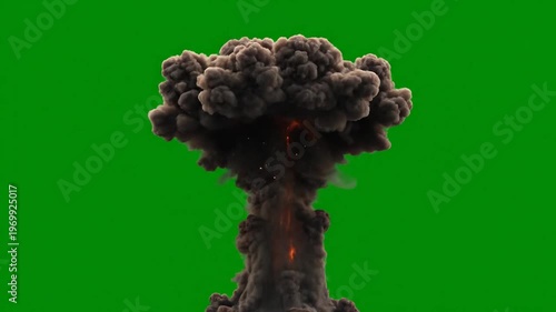 Volcanic Eruption with Explosive Ash Cloud on Green Screen Background, Seamless Loop, symbolizing natural disaster and geological activity