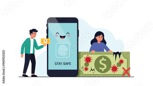 Digital payment concept art encouraging mobile security over cash by showing a happy smartphone mascot for fingerprints next to dirty money.