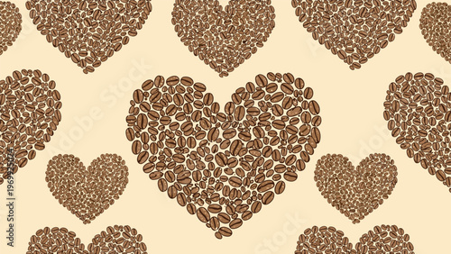 Decorative heart pattern made from numerous roasted coffee beans on a light background to show a deep love and passion for caffeine.