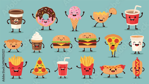 Massive collection of various fast food characters including pizza, burgers, fries, and ice cream all with friendly smiling faces and arms.