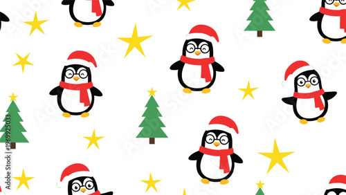 Cute seamless Christmas pattern featuring happy penguins wearing red Santa hats and scarves among green pine trees and yellow stars on white.