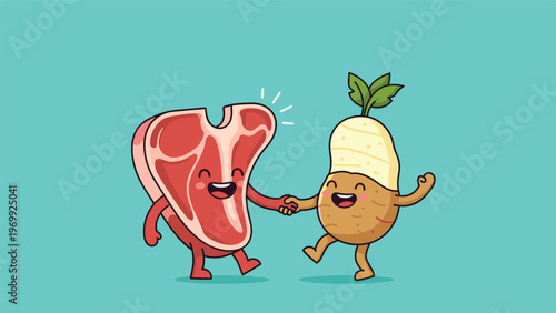 Unlikely food friendship showing a happy raw meat steak character shaking hands with a smiling potato character to represent a perfect meal.