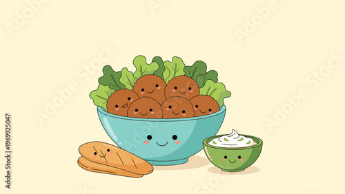 Appetizing bowl of cute falafel balls with happy faces served with fresh salad, pita bread, and a side of creamy white sauce for a vegan meal.