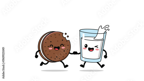 Sweet snack pairing showing a happy chocolate cookie character holding hands with a winking glass of milk mascot for a delicious treat.