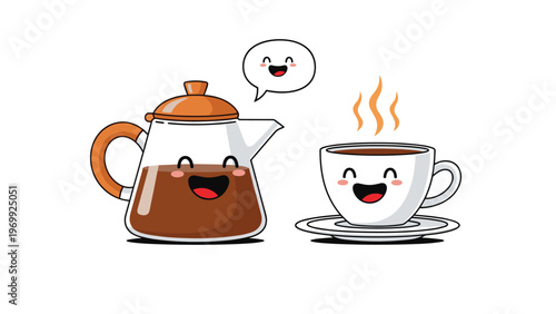 Cheerful coffee or tea theme with a glass teapot character communicating with a happy white cup mascot using a smiling speech bubble icon.