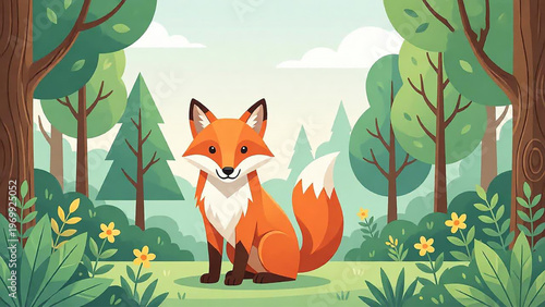 Cute Orange Fox Sitting in a Lush Green Forest Flat Vector Illustration for Children's Book