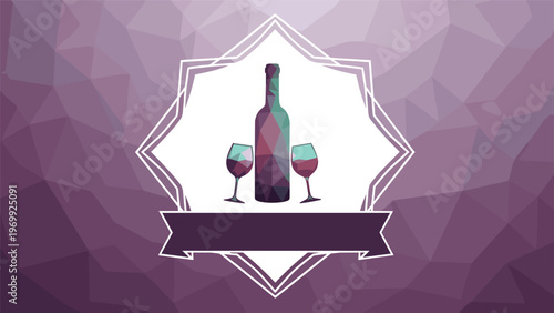 Wine bottle and two glasses designed in a colorful low-poly geometric style set against a textured purple polygon background with ribbon.