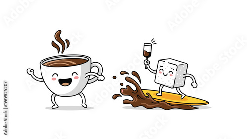 Cheerful coffee cup character and a sugar cube character surfing together on a splash of brown coffee against a clean white background.