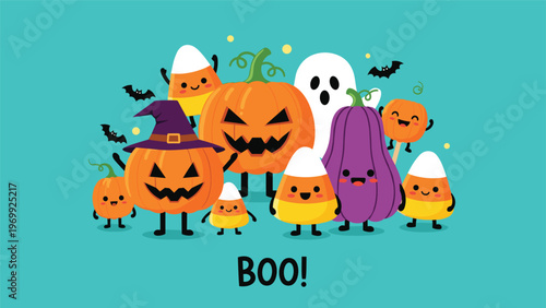 Group of adorable halloween characters including pumpkins, ghosts, and candy corn gathering together with a boo message on teal backdrop.