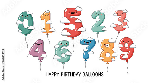 Colorful set of number balloons from zero to nine with cute faces and fluffy clouds celebrating a happy birthday on white background.