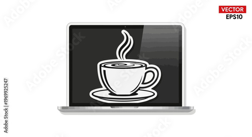 Laptop screen displaying steaming coffee cup icon, vector illustration