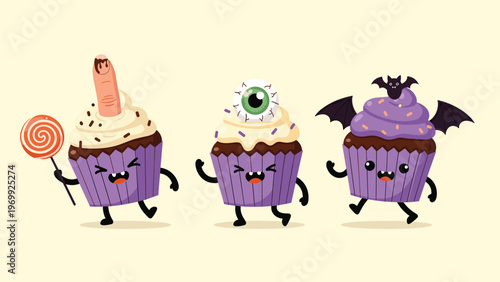 Spooky yet cute halloween cupcakes decorated with an eyeball, a severed finger, and a bat with wings on a soft yellow background.