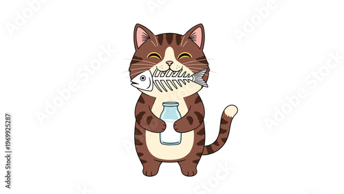 Adorable brown tabby cat character holding a bottle of milk and a fish skeleton in its mouth on a clean white background for kids.