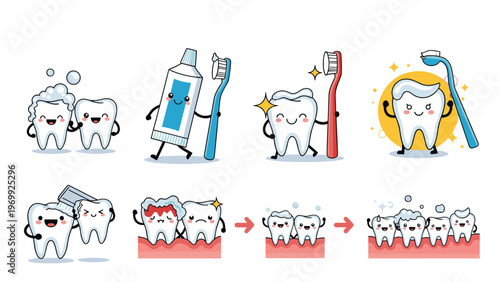 Educational dental health icons showing the process of tooth brushing and cleaning to maintain a healthy smile with cute characters.