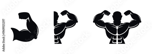 Silhouettes of Muscular Bodybuilding Poses Vector Flat Icon Set