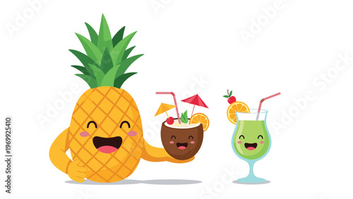 Cheerful pineapple character holding a tropical coconut drink and standing next to a glass of green refreshing juice or cocktail.