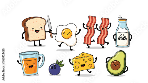Selection of cute breakfast characters featuring bread, fried egg, bacon strips, milk, orange juice, blueberry, cheese, and avocado.