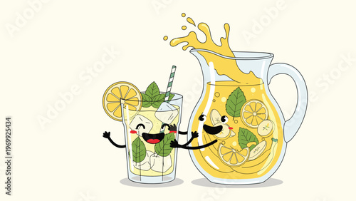 Cute characters of a glass and a pitcher of lemonade hugging while lemon juice splashes out of the pitcher on a light yellow background.