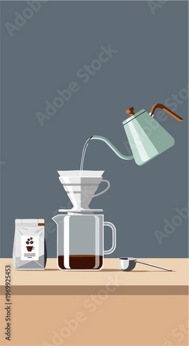 Pour over coffee brewing setup, flat vector composition, clean geometry, World Coffee Day