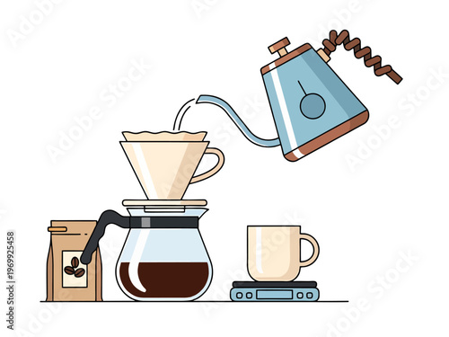Pour over coffee brewing setup, flat vector composition, clean geometry, World Coffee Day