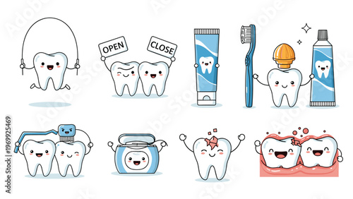 Collection of cute dental health characters including teeth jumping rope, brushing, using floss, toothpaste, and dental implants.