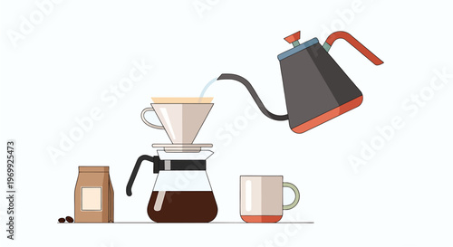 Pour over coffee brewing setup, flat vector composition, clean geometry, World Coffee Day