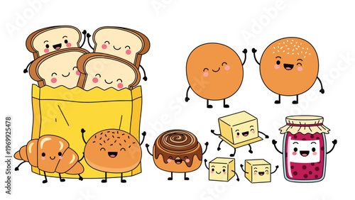 Large group of happy bakery characters including slices of toast in a bag, buns, croissants, cinnamon rolls, butter, and jam.