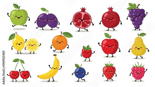Extensive collection of cute fruit characters including apple, plum, pomegranate, grape, lemon, orange, pear, cherry, and banana.