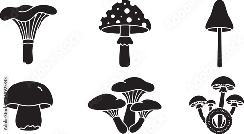 Black Solid Autumn Forest Mushroom and Fungi Silhouettes