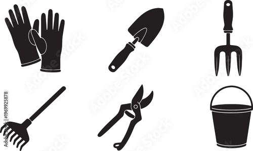 Black Solid Autumn Garden Cleanup Tool and Glove Silhouettes