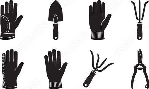 Black Solid Autumn Garden Cleanup Tool and Glove Silhouettes